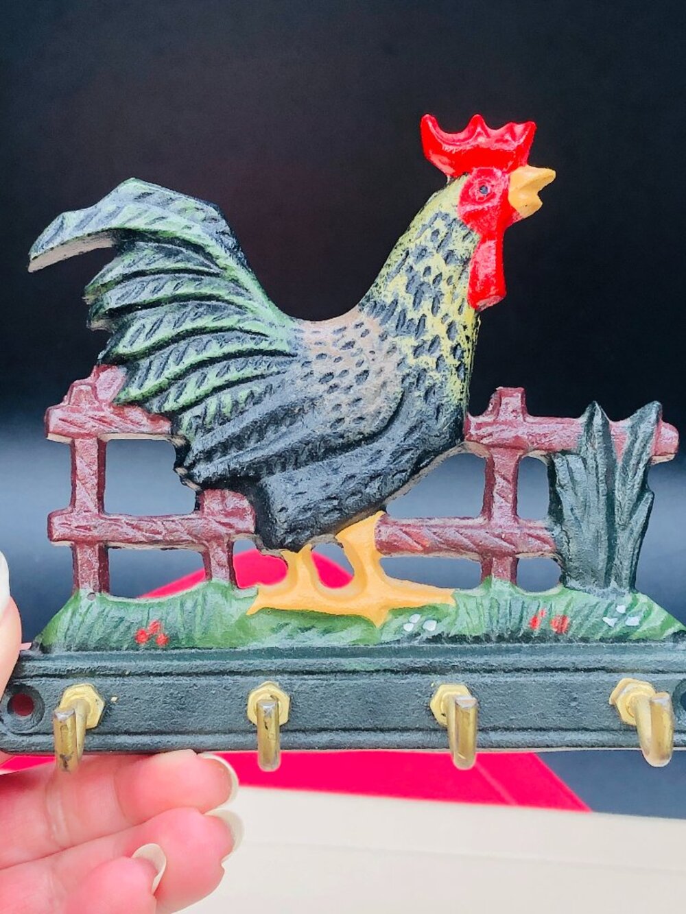 Vintage 90s Cast Iron Country Rooster Key Holder Hook Wall Plaque Barn Farmhouse